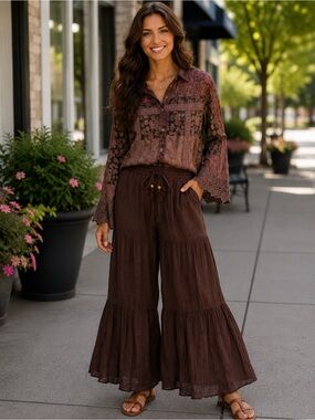 H103 NWT Young Threads L pp21 Layered Boho Button-Down Shirt Lace Top